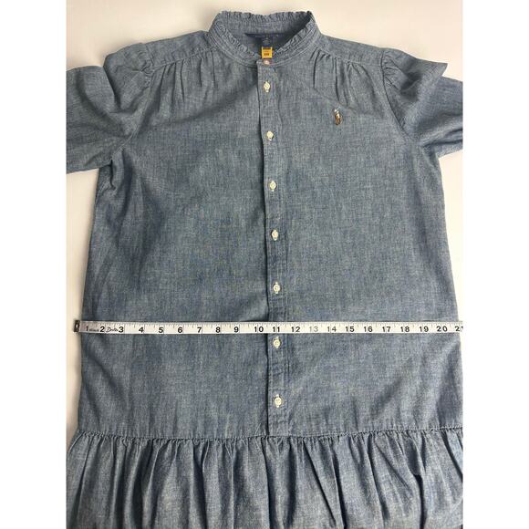 Polo Ralph Lauren Size 16 Denim Chambray Drop Waist Dress Ruffle Mock Neck - Picture 7 of 9